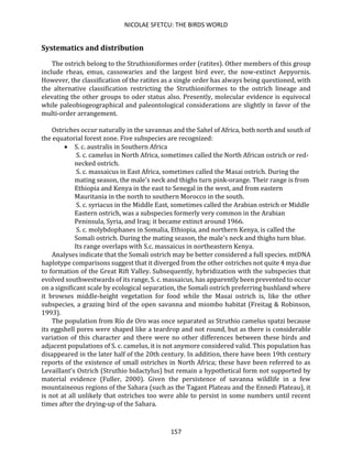 NICOLAE SFETCU: THE BIRDS WORLD
157
Systematics and distribution
The ostrich belong to the Struthioniformes order (ratites). Other members of this group
include rheas, emus, cassowaries and the largest bird ever, the now-extinct Aepyornis.
However, the classification of the ratites as a single order has always being questioned, with
the alternative classification restricting the Struthioniformes to the ostrich lineage and
elevating the other groups to oder status also. Presently, molecular evidence is equivocal
while paleobiogeographical and paleontological considerations are slightly in favor of the
multi-order arrangement.
Ostriches occur naturally in the savannas and the Sahel of Africa, both north and south of
the equatorial forest zone. Five subspecies are recognized:
• S. c. australis in Southern Africa
S. c. camelus in North Africa, sometimes called the North African ostrich or red-
necked ostrich.
S. c. massaicus in East Africa, sometimes called the Masai ostrich. During the
mating season, the male's neck and thighs turn pink-orange. Their range is from
Ethiopia and Kenya in the east to Senegal in the west, and from eastern
Mauritania in the north to southern Morocco in the south.
S. c. syriacus in the Middle East, sometimes called the Arabian ostrich or Middle
Eastern ostrich, was a subspecies formerly very common in the Arabian
Peninsula, Syria, and Iraq; it became extinct around 1966.
S. c. molybdophanes in Somalia, Ethiopia, and northern Kenya, is called the
Somali ostrich. During the mating season, the male's neck and thighs turn blue.
Its range overlaps with S.c. massaicus in northeastern Kenya.
Analyses indicate that the Somali ostrich may be better considered a full species. mtDNA
haplotype comparisons suggest that it diverged from the other ostriches not quite 4 mya due
to formation of the Great Rift Valley. Subsequently, hybridization with the subspecies that
evolved southwestwards of its range, S. c. massaicus, has apparently been prevented to occur
on a significant scale by ecological separation, the Somali ostrich preferring bushland where
it browses middle-height vegetation for food while the Masai ostrich is, like the other
subspecies, a grazing bird of the open savanna and miombo habitat (Freitag & Robinson,
1993).
The population from Río de Oro was once separated as Struthio camelus spatzi because
its eggshell pores were shaped like a teardrop and not round, but as there is considerable
variation of this character and there were no other differences between these birds and
adjacent populations of S. c. camelus, it is not anymore considered valid. This population has
disappeared in the later half of the 20th century. In addition, there have been 19th century
reports of the existence of small ostriches in North Africa; these have been referred to as
Levaillant's Ostrich (Struthio bidactylus) but remain a hypothetical form not supported by
material evidence (Fuller, 2000). Given the persistence of savanna wildlife in a few
mountaineous regions of the Sahara (such as the Tagant Plateau and the Ennedi Plateau), it
is not at all unlikely that ostriches too were able to persist in some numbers until recent
times after the drying-up of the Sahara.
 