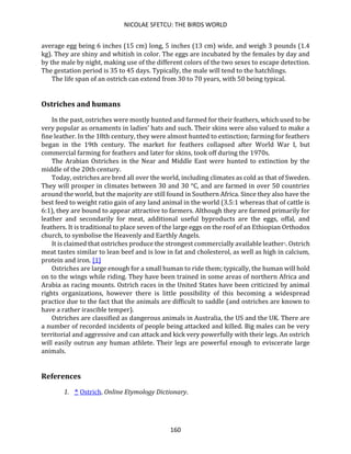 NICOLAE SFETCU: THE BIRDS WORLD
160
average egg being 6 inches (15 cm) long, 5 inches (13 cm) wide, and weigh 3 pounds (1.4
kg). They are shiny and whitish in color. The eggs are incubated by the females by day and
by the male by night, making use of the different colors of the two sexes to escape detection.
The gestation period is 35 to 45 days. Typically, the male will tend to the hatchlings.
The life span of an ostrich can extend from 30 to 70 years, with 50 being typical.
Ostriches and humans
In the past, ostriches were mostly hunted and farmed for their feathers, which used to be
very popular as ornaments in ladies' hats and such. Their skins were also valued to make a
fine leather. In the 18th century, they were almost hunted to extinction; farming for feathers
began in the 19th century. The market for feathers collapsed after World War I, but
commercial farming for feathers and later for skins, took off during the 1970s.
The Arabian Ostriches in the Near and Middle East were hunted to extinction by the
middle of the 20th century.
Today, ostriches are bred all over the world, including climates as cold as that of Sweden.
They will prosper in climates between 30 and 30 °C, and are farmed in over 50 countries
around the world, but the majority are still found in Southern Africa. Since they also have the
best feed to weight ratio gain of any land animal in the world (3.5:1 whereas that of cattle is
6:1), they are bound to appear attractive to farmers. Although they are farmed primarily for
leather and secondarily for meat, additional useful byproducts are the eggs, offal, and
feathers. It is traditional to place seven of the large eggs on the roof of an Ethiopian Orthodox
church, to symbolise the Heavenly and Earthly Angels.
It is claimed that ostriches produce the strongest commercially available leather1. Ostrich
meat tastes similar to lean beef and is low in fat and cholesterol, as well as high in calcium,
protein and iron. [1]
Ostriches are large enough for a small human to ride them; typically, the human will hold
on to the wings while riding. They have been trained in some areas of northern Africa and
Arabia as racing mounts. Ostrich races in the United States have been criticized by animal
rights organizations, however there is little possibility of this becoming a widespread
practice due to the fact that the animals are difficult to saddle (and ostriches are known to
have a rather irascible temper).
Ostriches are classified as dangerous animals in Australia, the US and the UK. There are
a number of recorded incidents of people being attacked and killed. Big males can be very
territorial and aggressive and can attack and kick very powerfully with their legs. An ostrich
will easily outrun any human athlete. Their legs are powerful enough to eviscerate large
animals.
References
1. ^ Ostrich. Online Etymology Dictionary.
 