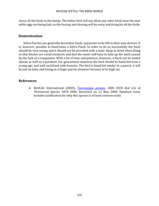 NICOLAE SFETCU: THE BIRDS WORLD
172
stress all the birds in the family. The father bird will not allow any other birds near the nest
while eggs are being laid, so the fussing and shoving will be noisy and tiring for all the birds.
Domestication
Zebra Finches are generally decorative birds, and prefer to be left to their own devices. It
is, however, possible to hand-tame a Zebra Finch. In order to do so successfully the finch
should be very young, and it should not be provided with a mate. Keep in mind when doing
so that finches are social creatures and that the tamer will have to take up the slack caused
by the lack of a companion. With a lot of time and patience, however, a finch can be tamed
almost as well as a parakeet. For guaranteed tameness the bird should be hand fed from a
young age, and well socialized with humans. The bird is hand fed similar to a parrot, it will
be just as tame and loving as a larger parrot, however because of its high soc
References
• BirdLife International (2004). Taeniopygia guttata. 2006 IUCN Red List of
Threatened Species. IUCN 2006. Retrieved on 12 May 2006. Database entry
includes justification for why this species is of least concern socks
 