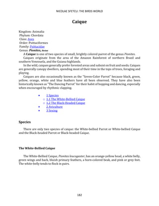NICOLAE SFETCU: THE BIRDS WORLD
182
Caique
Kingdom: Animalia
Phylum: Chordata
Class: Aves
Order: Psittaciformes
Family: Psittacidae
Genus: Pionites, Heine
A Caique is one of two species of small, brightly colored parrot of the genus Pionites.
Caiques originate from the area of the Amazon Rainforest of northern Brazil and
southern Venezuela, and the Guiana highlands.
In the wild, caiques generally prefer forested areas and subsist on fruit and seeds. Caiques
are generally canopy dwellers, spending most of their time in the tops of trees, foraging and
playing.
Caiques are also occasionally known as the "Seven-Color Parrot" because black, green,
yellow, orange, white and blue feathers have all been observed. They have also been
historically known as "The Dancing Parrot" for their habit of hopping and dancing, especially
when encouraged by rhythmic clapping.
• 1 Species
o 1.1 The White-Bellied Caique
o 1.2 The Black-Headed Caique
• 2 Aviculture
• 3 Sexing
Species
There are only two species of caique: the White-bellied Parrot or White-bellied Caique
and the Black-headed Parrot or Black-headed Caique.
The White-Bellied Caique
The White-Bellied Caique, Pionites leucogaster, has an orange-yellow head, a white belly,
green wings and back, bluish primary feathers, a horn-colored beak, and pink or grey feet.
The white-belly tends to flock in pairs.
 