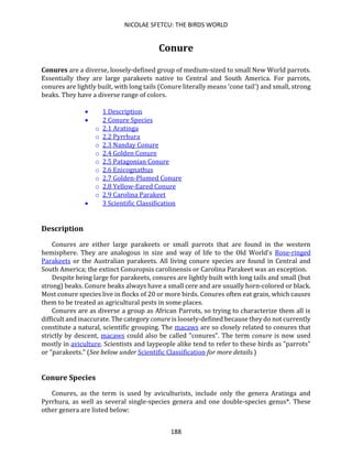 NICOLAE SFETCU: THE BIRDS WORLD
188
Conure
Conures are a diverse, loosely-defined group of medium-sized to small New World parrots.
Essentially they are large parakeets native to Central and South America. For parrots,
conures are lightly built, with long tails (Conure literally means 'cone tail') and small, strong
beaks. They have a diverse range of colors.
• 1 Description
• 2 Conure Species
o 2.1 Aratinga
o 2.2 Pyrrhura
o 2.3 Nanday Conure
o 2.4 Golden Conure
o 2.5 Patagonian Conure
o 2.6 Enicognathus
o 2.7 Golden-Plumed Conure
o 2.8 Yellow-Eared Conure
o 2.9 Carolina Parakeet
• 3 Scientific Classification
Description
Conures are either large parakeets or small parrots that are found in the western
hemisphere. They are analogous in size and way of life to the Old World's Rose-ringed
Parakeets or the Australian parakeets. All living conure species are found in Central and
South America; the extinct Conuropsis carolinensis or Carolina Parakeet was an exception.
Despite being large for parakeets, conures are lightly built with long tails and small (but
strong) beaks. Conure beaks always have a small cere and are usually horn-colored or black.
Most conure species live in flocks of 20 or more birds. Conures often eat grain, which causes
them to be treated as agricultural pests in some places.
Conures are as diverse a group as African Parrots, so trying to characterize them all is
difficult and inaccurate. The category conure is loosely-defined because they do not currently
constitute a natural, scientific grouping. The macaws are so closely related to conures that
strictly by descent, macaws could also be called "conures". The term conure is now used
mostly in aviculture. Scientists and laypeople alike tend to refer to these birds as "parrots"
or "parakeets." (See below under Scientific Classification for more details.)
Conure Species
Conures, as the term is used by aviculturists, include only the genera Aratinga and
Pyrrhura, as well as several single-species genera and one double-species genus*. These
other genera are listed below:
 