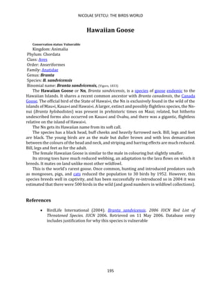 NICOLAE SFETCU: THE BIRDS WORLD
195
Hawaiian Goose
Conservation status: Vulnerable
Kingdom: Animalia
Phylum: Chordata
Class: Aves
Order: Anseriformes
Family: Anatidae
Genus: Branta
Species: B. sandvicensis
Binomial name: Branta sandvicensis, (Vigors, 1833)
The Hawaiian Goose or Nn, Branta sandvicensis, is a species of goose endemic to the
Hawaiian Islands. It shares a recent common ancestor with Branta canadensis, the Canada
Goose. The official bird of the State of Hawai»i, the Nn is exclusively found in the wild of the
islands of Mau»i, Kaua»i and Hawai»i. A larger, extinct and possibly flightless species, the Nn-
nui (Branta hylobadistes) was present in prehistoric times on Maui; related, but hitherto
undescribed forms also occurred on Kaua»i and O»ahu, and there was a gigantic, flightless
relative on the island of Hawai»i.
The Nn gets its Hawaiian name from its soft call.
The species has a black head, buff cheeks and heavily furrowed neck. Bill, legs and feet
are black. The young birds are as the male but duller brown and with less demarcation
between the colours of the head and neck, and striping and barring effects are much reduced.
Bill, legs and feet as for the adult.
The female Hawaiian Goose is similar to the male in colouring but slightly smaller.
Its strong toes have much reduced webbing, an adaptation to the lava flows on which it
breeds. It mates on land unlike most other wildfowl.
This is the world's rarest goose. Once common, hunting and introduced predators such
as mongooses, pigs, and cats reduced the population to 30 birds by 1952. However, this
species breeds well in captivity, and has been successfully re-introduced so in 2004 it was
estimated that there were 500 birds in the wild (and good numbers in wildfowl collections).
References
• BirdLife International (2004). Branta sandvicensis. 2006 IUCN Red List of
Threatened Species. IUCN 2006. Retrieved on 11 May 2006. Database entry
includes justification for why this species is vulnerable
 
