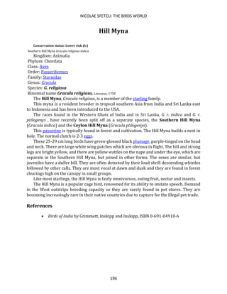 NICOLAE SFETCU: THE BIRDS WORLD
196
Hill Myna
Conservation status: Lower risk (lc)
Southern Hill Myna Gracula religiosa indica
Kingdom: Animalia
Phylum: Chordata
Class: Aves
Order: Passeriformes
Family: Sturnidae
Genus: Gracula
Species: G. religiosa
Binomial name Gracula religiosa, Linnaeus, 1758
The Hill Myna, Gracula religiosa, is a member of the starling family.
This myna is a resident breeder in tropical southern Asia from India and Sri Lanka east
to Indonesia and has been introduced to the USA.
The races found in the Western Ghats of India and in Sri Lanka, G. r. indica and G. r.
ptilogenys , have recently been split off as a separate species, the Southern Hill Myna
(Gracula indica) and the Ceylon Hill Myna (Gracula ptilogenys).
This passerine is typically found in forest and cultivation. The Hill Myna builds a nest in
hole. The normal clutch is 2-3 eggs.
These 25-29 cm long birds have green-glossed black plumage, purple-tinged on the head
and neck. There are large white wing patches which are obvious in flight. The bill and strong
legs are bright yellow, and there are yellow wattles on the nape and under the eye, which are
separate in the Southern Hill Myna, but joined in other forms. The sexes are similar, but
juveniles have a duller bill. They are often detected by their loud shrill descending whistles
followed by other calls. They are most vocal at dawn and dusk and they are found in forest
clearings high on the canopy in small groups.
Like most starlings, the Hill Myna is fairly omnivorous, eating fruit, nectar and insects.
The Hill Myna is a popular cage bird, renowned for its ability to imitate speech. Demand
in the West outstrips breeding capacity so they are rarely found in pet stores. They are
becoming increasingly rare in their native countries due to capture for the illegal pet trade.
References
• Birds of India by Grimmett, Inskipp and Inskipp, ISBN 0-691-04910-6
 