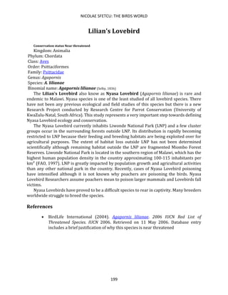 NICOLAE SFETCU: THE BIRDS WORLD
199
Lilian's Lovebird
Conservation status Near threatened
Kingdom: Animalia
Phylum: Chordata
Class: Aves
Order: Psittaciformes
Family: Psittacidae
Genus: Agapornis
Species: A. lilianae
Binomial name: Agapornis lilianae (Selby, 1836)
The Lilian's Lovebird also know as Nyasa Lovebird (Agapornis lilianae) is rare and
endemic to Malawi. Nyasa species is one of the least studied of all lovebird species. There
have not been any previous ecological and field studies of this species but there is a new
Research Project conducted by Research Centre for Parrot Conservation (University of
KwaZulu-Natal, South Africa). This study represents a very important step towards defining
Nyasa Lovebird ecology and conservation.
The Nyasa Lovebird currently inhabits Liwonde National Park (LNP) and a few cluster
groups occur in the surrounding forests outside LNP. Its distribution is rapidly becoming
restricted to LNP because their feeding and breeding habitats are being exploited over for
agricultural purposes. The extent of habitat loss outside LNP has not been determined
scientifically although remaining habitat outside the LNP are fragmented Miombo Forest
Reserves. Liwonde National Park is located in the southern region of Malawi, which has the
highest human population density in the country approximating 100-115 inhabitants per
km² (FAO, 1997). LNP is greatly impacted by population growth and agricultural activities
than any other national park in the country. Recently, cases of Nyasa Lovebird poisoning
have intensified although it is not known why poachers are poisoning the birds. Nyasa
Lovebird Researchers assume poachers mean to poison larger mammals and Lovebirds fall
victims.
Nyasa Lovebirds have proved to be a difficult species to rear in captivity. Many breeders
worldwide struggle to breed the species.
References
• BirdLife International (2004). Agapornis lilianae. 2006 IUCN Red List of
Threatened Species. IUCN 2006. Retrieved on 11 May 2006. Database entry
includes a brief justification of why this species is near threatened
 