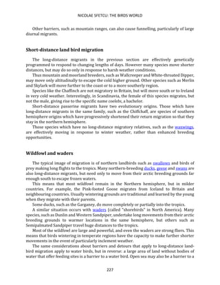 NICOLAE SFETCU: THE BIRDS WORLD
227
Other barriers, such as mountain ranges, can also cause funnelling, particularly of large
diurnal migrants.
Short-distance land bird migration
The long-distance migrants in the previous section are effectively genetically
programmed to respond to changing lengths of days. However many species move shorter
distances, but may do so only in response to harsh weather conditions.
Thus mountain and moorland breeders, such as Wallcreeper and White-throated Dipper,
may move only altitudinally to escape the cold higher ground. Other species such as Merlin
and Skylark will move further to the coast or to a more southerly region.
Species like the Chaffinch are not migratory in Britain, but will move south or to Ireland
in very cold weather. Interestingly, in Scandinavia, the female of this species migrates, but
not the male, giving rise to the specific name coelebs, a bachelor.
Short-distance passerine migrants have two evolutionary origins. Those which have
long-distance migrants in the same family, such as the Chiffchaff, are species of southern
hemisphere origins which have progressively shortened their return migration so that they
stay in the northern hemisphere.
Those species which have no long-distance migratory relatives, such as the waxwings,
are effectively moving in response to winter weather, rather than enhanced breeding
opportunities.
Wildfowl and waders
The typical image of migration is of northern landbirds such as swallows and birds of
prey making long flights to the tropics. Many northern-breeding ducks, geese and swans are
also long-distance migrants, but need only to move from their arctic breeding grounds far
enough south to escape frozen waters.
This means that most wildfowl remain in the Northern hemisphere, but in milder
countries. For example, the Pink-footed Goose migrates from Iceland to Britain and
neighbouring countries. Usually wintering grounds are traditional and learned by the young
when they migrate with their parents.
Some ducks, such as the Garganey, do move completely or partially into the tropics.
A similar situation occurs with waders (called "shorebirds" in North America). Many
species, such as Dunlin and Western Sandpiper, undertake long movements from their arctic
breeding grounds to warmer locations in the same hemisphere, but others such as
Semipalmated Sandpiper travel huge distances to the tropics.
Most of the wildfowl are large and powerful, and even the waders are strong fliers. This
means that birds wintering in temperate regions have the capacity to make further shorter
movements in the event of particularly inclement weather.
The same considerations about barriers and detours that apply to long-distance land-
bird migration apply to water birds, but in reverse: a large area of land without bodies of
water that offer feeding sites is a barrier to a water bird. Open sea may also be a barrier to a
 