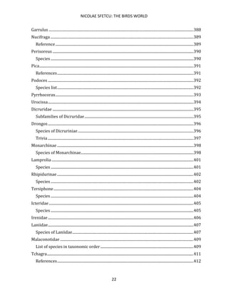 NICOLAE SFETCU: THE BIRDS WORLD
22
Garrulus ..........................................................................................................................................................388
Nucifraga ........................................................................................................................................................389
Reference...................................................................................................................................................389
Perisoreus ......................................................................................................................................................390
Species ........................................................................................................................................................390
Pica....................................................................................................................................................................391
References.................................................................................................................................................391
Podoces ...........................................................................................................................................................392
Species list.................................................................................................................................................392
Pyrrhocorax...................................................................................................................................................393
Urocissa...........................................................................................................................................................394
Dicruridae ......................................................................................................................................................395
Subfamilies of Dicruridae....................................................................................................................395
Drongos...........................................................................................................................................................396
Species of Dicruriniae...........................................................................................................................396
Trivia ...........................................................................................................................................................397
Monarchinae .................................................................................................................................................398
Species of Monarchinae........................................................................................................................398
Lamprolia .......................................................................................................................................................401
Species ........................................................................................................................................................401
Rhipidurinae .................................................................................................................................................402
Species ........................................................................................................................................................402
Tersiphone.....................................................................................................................................................404
Species ........................................................................................................................................................404
Icteridae..........................................................................................................................................................405
Species ........................................................................................................................................................405
Irenidae...........................................................................................................................................................406
Laniidae...........................................................................................................................................................407
Species of Laniidae.................................................................................................................................407
Malaconotidae ..............................................................................................................................................409
List of species in taxonomic order...................................................................................................409
Tchagra............................................................................................................................................................411
References.................................................................................................................................................412
 