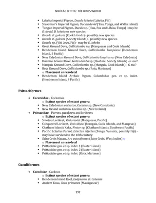 NICOLAE SFETCU: THE BIRDS WORLD
292
▪ Lakeba Imperial Pigeon, Ducula lakeba (Lakeba, Fiji)
▪ Steadman's Imperial Pigeon, Ducula david (‘Eua, Tonga, and Wallis Island)
▪ Tongan Imperial Pigeon, Ducula sp. (‘Eua, Foa and Lifuka, Tonga) - may be
D. david, D. lakeba or new species
▪ Ducula cf. galeata (Cook Islands) - possibly new species
▪ Ducula cf. galeata (Society Islands) - possibly new species
▪ Ducula sp. (Viti Levu, Fiji) - may be D. lakeba
▪ Great Ground Dove, Gallicolumba nui (Marquesas and Cook Islands)
▪ Henderson Island Ground Dove, Gallicolumba leonpascoi (Henderson
Island, S Pacific)
▪ New Caledonian Ground Dove, Gallicolumba longitarsus (New Caledonia)
▪ Huahine Ground Dove, Gallicolumba sp. (Huahine, Society Islands) - G. nui?
▪ Mangaia Ground Dove, Gallicolumba sp. (Mangaia, Cook Islands) - G. nui?
▪ Rota Ground Dove, Gallicolumba sp. (Rota, Marianas)
o Placement unresolved
▪ Henderson Island Archaic Pigeon, Columbidae gen. et sp. indet.
(Henderson Island, S Pacific)
Psittaciformes
• Cacatuidae - Cockatoos
o Extinct species of extant genera
▪ New Caledonian cockatoo, Cacatua sp. (New Caledonia)
▪ New Ireland cockatoo, Cacatua sp. (New Ireland)
• Psittacidae - Parrots, parakeets and lorikeets
o Extinct species of extant genera
▪ Sinoto's Lorikeet, Vini sinotoi (Marquesas, Pacific)
▪ Conquered Lorikeet, Vini vidivici (Mangaia, Cook Islands, and Marqesas)
▪ Chatham Islands Kaka, Nestor sp. (Chatham Islands, Southwest Pacific)
▪ Pacific Eclectus Parrot, Eclectus infectus (Tonga, Vanuatu, possibly Fiji) -
may have survived to the 18th century.
▪ Saint Croix Macaw, Ara autocthones (Saint Croix, West Indies) [1]
o Placement unresolved
▪ Psittacidae gen. et sp. indet. 1 (Easter Island)
▪ Psittacidae gen. et sp. indet. 2 (Easter Island)
▪ Psittacidae gen. et sp. indet. (Rota, Marianas)
Cuculiformes
• Cuculidae - Cuckoos
o Extinct species of extant genera
▪ Henderson Island Koel, Eudynamis cf. taitensis
▪ Ancient Coua, Coua primaeva (Madagascar)
 