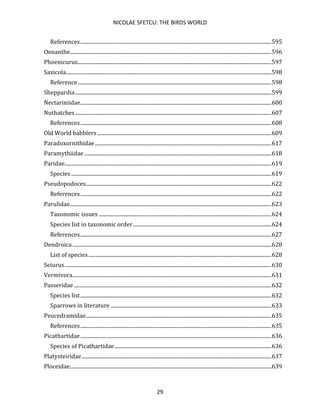 NICOLAE SFETCU: THE BIRDS WORLD
29
References.................................................................................................................................................595
Oenanthe.........................................................................................................................................................596
Phoenicurus...................................................................................................................................................597
Saxicola............................................................................................................................................................598
Reference...................................................................................................................................................598
Sheppardia.....................................................................................................................................................599
Nectariniidae.................................................................................................................................................600
Nuthatches.....................................................................................................................................................607
References.................................................................................................................................................608
Old World babblers ....................................................................................................................................609
Paradoxornithidae......................................................................................................................................617
Paramythiidae ..............................................................................................................................................618
Paridae.............................................................................................................................................................619
Species ........................................................................................................................................................619
Pseudopodoces.............................................................................................................................................622
References.................................................................................................................................................622
Parulidae.........................................................................................................................................................623
Taxonomic issues ...................................................................................................................................624
Species list in taxonomic order.........................................................................................................624
References.................................................................................................................................................627
Dendroica.......................................................................................................................................................628
List of species...........................................................................................................................................628
Seiurus.............................................................................................................................................................630
Vermivora.......................................................................................................................................................631
Passeridae......................................................................................................................................................632
Species list.................................................................................................................................................632
Sparrows in literature ..........................................................................................................................633
Peucedramidae.............................................................................................................................................635
References.................................................................................................................................................635
Picathartidae.................................................................................................................................................636
Species of Picathartidae.......................................................................................................................636
Platysteiridae................................................................................................................................................637
Ploceidae.........................................................................................................................................................639
 