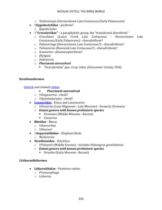 NICOLAE SFETCU: THE BIRDS WORLD
310
o Tytthostonyx (Hornerstown Late Cretaceous/Early Palaeocene)
• †Zygodactylidae - piciform?
o Zygodactylus
• †"Graculavidae" - a paraphyletic group, the "transitional shorebirds"
o Graculavus (Lance Creek Late Cretaceous - Hornerstown Late
Cretaceous/Early Palaeocene) - charadriiform?
o Palaeotringa (Hornerstown Late Cretaceous?) - charadriiform?
o Telmatornis (Navesink Late Cretaceous?) - charadriiform?
o Scaniornis - phoenicopteriform?
o Zhylgaia
o Dakotornis
o Placement unresolved
▪ "Graculavidae" gen. et sp. indet. (Gloucester County, USA)
Struthioniformes
Ostrich and related ratites.
• Placement unresolved
o †Diogenornis - rheid?
o †Opisthodactylus - rheid?
• Casuariidae - Emus and cassowaries
o †Emuarius (Late Oligocene - Late Miocene) - formerly Dromaius
o Extant genera with known prehistoric species
▪ Dromaius (Middle Miocene - Recent)
▪ Casuarius
• Rheidae - Rheas
o †Heterorhea
o †Hinasuri
• †Aepyornithidae - Elephant Birds
o Mullerornis
• Struthionidae - Ostriches
o †Palaeotis (Middle Eocene) - includes Palaeogrus geiseltalensis
o Extant genera with known prehistoric species
▪ Struthio (Early Miocene - Recent)
†Lithornithiformes
• Lithornithidae - Primitive ratites
o Promusophaga
o Lithornis
 