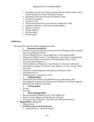 NICOLAE SFETCU: THE BIRDS WORLD
313
▪ Bucephala ossivalis (Late Miocene/Early Pliocene of Bone Valley, USA) -
may be subspecies of extant Bucephala clangula
▪ Bucephala fossilis (Late Pliocene of California, USA)
▪ Bucephala angustipes
▪ Bucephala cereti
▪ Chen pressa (Glenns Ferry Late Pliocene of Hagerman, USA)
▪ Lophodytes floridana - formerly Anas/Querquedula
▪ Mergus connectens
▪ Mergus miscellus
▪ Neochen debilis
▪ Neochen pugil
Galliformes
The group that includes modern chickens and quails.
• Placement unresolved
o †Austinornis (Austin Chalk Late Cretaceous of Fort McKinney, USA) - formerly
Graculavus/Ichthyornis lentus
o †Procrax (Middle Eocene - Early Oligocene) - cracid? gallinuloidid?
o †Palaeortyx (Middle Eocene -? Late Oligocene) - phasianid or odontophorid
o †Palaeonossax (Brule Late Oligocene of South Dakota, USA) - cracid?
o †Taoperdix (Late Oligocene)
o †Archaeophasianus (Oligocene ?- Late Miocene) - tetraonid or phasianid
o †Palaealectoris (Agate Fossil Beds Early Miocene of Sioux County, USA) -
tetraonid?
o †"Cyrtonyx" tedfordi (Barstow Late Miocene of Barstow, USA)
o †Archaealectrornis
o †Paleophasianus - tetraonid or cracid
• †Gallinuloididae
o Gallinuloides (Green River Early/Middle Eocene of Wyoming, USA)
o Paraortygoides (London Clay Early Eocene of Walton-on-the-Naze, England -
Middle Eocene of Messel, Germany)
• †Paraortygidae
o Pirortyx
o Paraortyx
• †Quercymegapodiidae
o Quercymegapodius (Middle Eocene - Early Oligocene)
o Taubacrex (Late Oligocene/Early Miocene of Brazil)
o Ameripodius (Late Oligocene - Early Miocene of Brazil and France)
• Megapodidae - Megapodes
o †Ngawupodius
o Prehistoric species of extant genera
▪ Leipoa gallinacea - formerly Progura
 