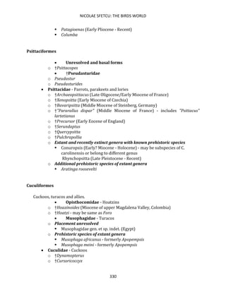 NICOLAE SFETCU: THE BIRDS WORLD
330
▪ Patagioenas (Early Pliocene - Recent)
▪ Columba
Psittaciformes
• Unresolved and basal forms
o †Psittacopes
• †Pseudasturidae
o Pseudastur
o Pseudasturides
• Psittacidae - Parrots, parakeets and lories
o †Archaeopsittacus (Late Oligocene/Early Miocene of France)
o †Xenopsitta (Early Miocene of Czechia)
o †Bavaripsitta (Middle Miocene of Steinberg, Germany)
o †"Pararallus dispar" (Middle Miocene of France) - includes "Psittacus"
lartetianus
o †Precursor (Early Eocene of England)
o †Serundaptus
o †Quercypsitta
o †Pulchrapollia
o Extant and recently extinct genera with known prehistoric species
▪ Conuropsis (Early? Miocene - Holocene) - may be subspecies of C.
carolinensis or belong to different genus
Rhynchopsitta (Late Pleistocene - Recent)
o Additional prehistoric species of extant genera
▪ Aratinga roosevelti
Cuculiformes
Cuckoos, turacos and allies.
• Opisthocomidae - Hoatzins
o †Hoazinoides (Miocene of upper Magdalena Valley, Colombia)
o †Hoatzi - may be same as Foro
• Musophagidae - Turacos
o Placement unresolved
▪ Musophagidae gen. et sp. indet. (Egypt)
o Prehistoric species of extant genera
▪ Musophaga africanus - formerly Apopempsis
▪ Musophaga meini - formerly Apopempsis
• Cuculidae - Cuckoos
o †Dynamopterus
o †Cursoricoccyx
 