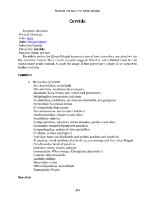 NICOLAE SFETCU: THE BIRDS WORLD
343
Corvida
Kingdom: Animalia
Phylum: Chordata
Class: Aves
Order: Passeriformes
Suborder: Passeri
Parvorder: Corvida
Families: Many, see text
Corvida is under the Sibley-Ahlquist taxonomy, one of two parvorders contained within
the suborder Passeri. More recent research suggests that it is not a distinct clade but an
evolutionary grade instead. As such the usage of this parvorder is likely to be subject to
further revision.
Families
• Menuridae: lyrebirds
Atrichornithidae: scrub birds
Climacteridae: Australian treecreepers
Maluridae: fairy-wrens, emu-wrens and grasswrens
Meliphagidae: honeyeaters and chats
Pardalotidae: pardalotes, scrubwrens, thornbills, and gerygones
Petroicidae: Australian robins
Orthonychidae: logrunners
Pomatostomidae: Australasian babblers
Cinclosomatidae: whipbirds and allies
Neosittidae: sittellas
Pachycephalidae: whistlers, shrike-thrushes, pitohuis and allies
Dicruridae: monarch flycatchers and allies
Campephagidae: cuckoo shrikes and trillers
Oriolidae: orioles and Figbird
Icteridae: American blackbirds and orioles, grackles and cowbirds
Artamidae: wood swallows, butcherbirds, currawongs and Australian Magpie
Paradisaeidae: birds of paradise
Corvidae: crows, ravens, and jays
Corcoracidae: White-winged Chough and Apostlebird
Irenidae: fairy-bluebirds
Laniidae: shrikes
Vireonidae: vireos
Ptilonorhynchidae: bowerbirds
Turnagridae: Piopio
See also
 