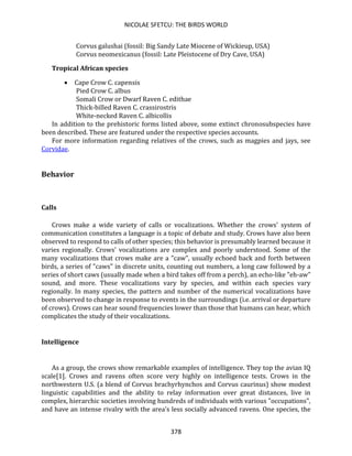 NICOLAE SFETCU: THE BIRDS WORLD
378
Corvus galushai (fossil: Big Sandy Late Miocene of Wickieup, USA)
Corvus neomexicanus (fossil: Late Pleistocene of Dry Cave, USA)
Tropical African species
• Cape Crow C. capensis
Pied Crow C. albus
Somali Crow or Dwarf Raven C. edithae
Thick-billed Raven C. crassirostris
White-necked Raven C. albicollis
In addition to the prehistoric forms listed above, some extinct chronosubspecies have
been described. These are featured under the respective species accounts.
For more information regarding relatives of the crows, such as magpies and jays, see
Corvidae.
Behavior
Calls
Crows make a wide variety of calls or vocalizations. Whether the crows' system of
communication constitutes a language is a topic of debate and study. Crows have also been
observed to respond to calls of other species; this behavior is presumably learned because it
varies regionally. Crows' vocalizations are complex and poorly understood. Some of the
many vocalizations that crows make are a "caw", usually echoed back and forth between
birds, a series of "caws" in discrete units, counting out numbers, a long caw followed by a
series of short caws (usually made when a bird takes off from a perch), an echo-like "eh-aw"
sound, and more. These vocalizations vary by species, and within each species vary
regionally. In many species, the pattern and number of the numerical vocalizations have
been observed to change in response to events in the surroundings (i.e. arrival or departure
of crows). Crows can hear sound frequencies lower than those that humans can hear, which
complicates the study of their vocalizations.
Intelligence
As a group, the crows show remarkable examples of intelligence. They top the avian IQ
scale[1]. Crows and ravens often score very highly on intelligence tests. Crows in the
northwestern U.S. (a blend of Corvus brachyrhynchos and Corvus caurinus) show modest
linguistic capabilities and the ability to relay information over great distances, live in
complex, hierarchic societies involving hundreds of individuals with various "occupations",
and have an intense rivalry with the area's less socially advanced ravens. One species, the
 