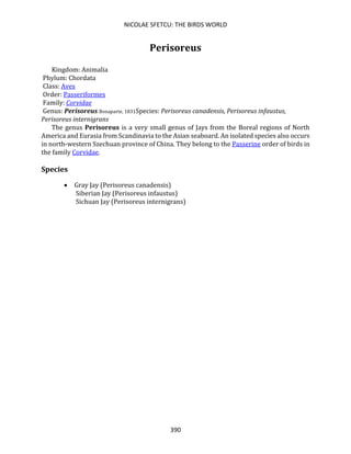 NICOLAE SFETCU: THE BIRDS WORLD
390
Perisoreus
Kingdom: Animalia
Phylum: Chordata
Class: Aves
Order: Passeriformes
Family: Corvidae
Genus: Perisoreus Bonaparte, 1831Species: Perisoreus canadensis, Perisoreus infaustus,
Perisoreus internigrans
The genus Perisoreus is a very small genus of Jays from the Boreal regions of North
America and Eurasia from Scandinavia to the Asian seaboard. An isolated species also occurs
in north-western Szechuan province of China. They belong to the Passerine order of birds in
the family Corvidae.
Species
• Gray Jay (Perisoreus canadensis)
Siberian Jay (Perisoreus infaustus)
Sichuan Jay (Perisoreus internigrans)
 