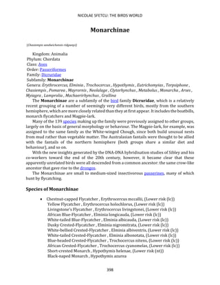 NICOLAE SFETCU: THE BIRDS WORLD
398
Monarchinae
(Chasiempis sandwichensis ridgwayi)
Kingdom: Animalia
Phylum: Chordata
Class: Aves
Order: Passeriformes
Family: Dicruridae
Subfamily: Monarchinae
Genera: Erythrocercus, Elminia , Trochocercus , Hypothymis , Eutrichomyias , Terpsiphone ,
Chasiempis , Pomarea , Mayrornis , Neolalage , Clytorhynchus , Metabolus , Monarcha , Arses ,
Myiagra , Lamprolia , Machaerirhynchus , Grallina
The Monarchinae are a subfamily of the bird family Dicruridae, which is a relatively
recent grouping of a number of seemingly very different birds, mostly from the southern
hemisphere, which are more closely related than they at first appear. It includes the boatbills,
monarch flycatchers and Magpie-lark.
Many of the 139 species making up the family were previously assigned to other groups,
largely on the basis of general morphology or behaviour. The Magpie-lark, for example, was
assigned to the same family as the White-winged Chough, since both build unusual nests
from mud rather than vegetable matter. The Australasian fantails were thought to be allied
with the fantails of the northern hemisphere (both groups share a similar diet and
behaviour), and so on.
With the new insights generated by the DNA-DNA hybridisation studies of Sibley and his
co-workers toward the end of the 20th century, however, it became clear that these
apparently unrelated birds were all descended from a common ancestor: the same crow-like
ancestor that gave rise to the drongos.
The Monarchinae are small to medium-sized insectivorous passerines, many of which
hunt by flycatching.
Species of Monarchinae
• Chestnut-capped Flycatcher , Erythrocercus mccallii, (Lower risk (lc))
Yellow Flycatcher , Erythrocercus holochlorus, (Lower risk (lc))
Livingstone's Flycatcher , Erythrocercus livingstonei, (Lower risk (lc))
African Blue-Flycatcher , Elminia longicauda, (Lower risk (lc))
White-tailed Blue-Flycatcher , Elminia albicauda, (Lower risk (lc))
Dusky Crested-Flycatcher , Elminia nigromitrata, (Lower risk (lc))
White-bellied Crested-Flycatcher , Elminia albiventris, (Lower risk (lc))
White-tailed Crested-Flycatcher , Elminia albonotata, (Lower risk (lc))
Blue-headed Crested-Flycatcher , Trochocercus nitens, (Lower risk (lc))
African Crested-Flycatcher , Trochocercus cyanomelas, (Lower risk (lc))
Short-crested Monarch , Hypothymis helenae, (Lower risk (nt))
Black-naped Monarch , Hypothymis azurea
 