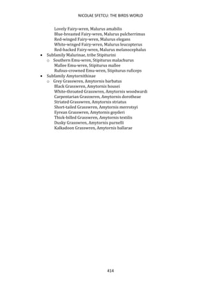 NICOLAE SFETCU: THE BIRDS WORLD
414
Lovely Fairy-wren, Malurus amabilis
Blue-breasted Fairy-wren, Malurus pulcherrimus
Red-winged Fairy-wren, Malurus elegans
White-winged Fairy-wren, Malurus leucopterus
Red-backed Fairy-wren, Malurus melanocephalus
• Subfamily Malurinae, tribe Stipiturini
o Southern Emu-wren, Stipiturus malachurus
Mallee Emu-wren, Stipiturus mallee
Rufous-crowned Emu-wren, Stipiturus ruficeps
• Subfamily Amytornithinae
o Grey Grasswren, Amytornis barbatus
Black Grasswren, Amytornis housei
White-throated Grasswren, Amytornis woodwardi
Carpentarian Grasswren, Amytornis dorotheae
Striated Grasswren, Amytornis striatus
Short-tailed Grasswren, Amytornis merrotsyi
Eyrean Grasswren, Amytornis goyderi
Thick-billed Grasswren, Amytornis textilis
Dusky Grasswren, Amytornis purnelli
Kalkadoon Grasswren, Amytornis ballarae
 