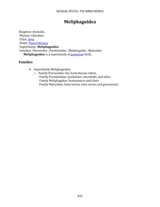 NICOLAE SFETCU: THE BIRDS WORLD
415
Meliphagoidea
Kingdom: Animalia
Phylum: Chordata
Class: Aves
Order: Passeriformes
Superfamily: Meliphagoidea
Families: Petroicidae , Pardalotidae , Meliphagidae , Maluridae
Meliphagoidea is a superfamily of passerine birds.
Families
• Superfamily Meliphagoidea
o Family Petroicidae: the Australasian robins
Family Pardalotidae: pardalotes, thornbills, and allies
Family Meliphagidae: honeyeaters and chats
Family Maluridae: fairy-wrens, emu-wrens and grasswrens
 
