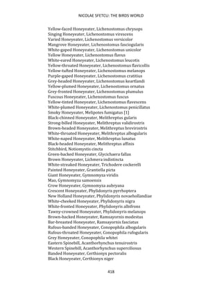 NICOLAE SFETCU: THE BIRDS WORLD
418
Yellow-faced Honeyeater, Lichenostomus chrysops
Singing Honeyeater, Lichenostomus virescens
Varied Honeyeater, Lichenostomus versicolor
Mangrove Honeyeater, Lichenostomus fasciogularis
White-gaped Honeyeater, Lichenostomus unicolor
Yellow Honeyeater, Lichenostomus flavus
White-eared Honeyeater, Lichenostomus leucotis
Yellow-throated Honeyeater, Lichenostomus flavicollis
Yellow-tufted Honeyeater, Lichenostomus melanops
Purple-gaped Honeyeater, Lichenostomus cratitius
Grey-headed Honeyeater, Lichenostomus keartlandi
Yellow-plumed Honeyeater, Lichenostomus ornatus
Grey-fronted Honeyeater, Lichenostomus plumulus
Fuscous Honeyeater, Lichenostomus fuscus
Yellow-tinted Honeyeater, Lichenostomus flavescens
White-plumed Honeyeater, Lichenostomus penicillatus
Smoky Honeyeater, Melipotes fumigatus [1]
Black-chinned Honeyeater, Melithreptus gularis
Strong-billed Honeyeater, Melithreptus validirostris
Brown-headed Honeyeater, Melithreptus brevirostris
White-throated Honeyeater, Melithreptus albogularis
White-naped Honeyeater, Melithreptus lunatus
Black-headed Honeyeater, Melithreptus affinis
Stitchbird, Notiomystis cincta
Green-backed Honeyeater, Glycichaera fallax
Brown Honeyeater, Lichmera indistincta
White-streaked Honeyeater, Trichodere cockerelli
Painted Honeyeater, Grantiella picta
Giant Honeyeater, Gymnomyza viridis
Mao, Gymnomyza samoensis
Crow Honeyeater, Gymnomyza aubryana
Crescent Honeyeater, Phylidonyris pyrrhoptera
New Holland Honeyeater, Phylidonyris novaehollandiae
White-cheeked Honeyeater, Phylidonyris nigra
White-fronted Honeyeater, Phylidonyris albifrons
Tawny-crowned Honeyeater, Phylidonyris melanops
Brown-backed Honeyeater, Ramsayornis modestus
Bar-breasted Honeyeater, Ramsayornis fasciatus
Rufous-banded Honeyeater, Conopophila albogularis
Rufous-throated Honeyeater, Conopophila rufogularis
Grey Honeyeater, Conopophila whitei
Eastern Spinebill, Acanthorhynchus tenuirostris
Western Spinebill, Acanthorhynchus superciliosus
Banded Honeyeater, Certhionyx pectoralis
Black Honeyeater, Certhionyx niger
 