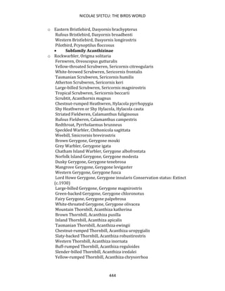 NICOLAE SFETCU: THE BIRDS WORLD
444
o Eastern Bristlebird, Dasyornis brachypterus
Rufous Bristlebird, Dasyornis broadbenti
Western Bristlebird, Dasyornis longirostris
Pilotbird, Pcynoptilus floccosus
• Subfamily Acanthizinae
o Rockwarbler, Origma solitaria
Fernwren, Oreoscopus gutturalis
Yellow-throated Scrubwren, Sericornis citreogularis
White-browed Scrubwren, Sericornis frontalis
Tasmanian Scrubwren, Sericornis humilis
Atherton Scrubwren, Sericornis keri
Large-billed Scrubwren, Sericornis magnirostris
Tropical Scrubwren, Sericornis beccarii
Scrubtit, Acanthornis magnus
Chestnut-rumped Heathwren, Hylacola pyrrhopygia
Shy Heathwren or Shy Hylacola, Hylacola cauta
Striated Fieldwren, Calamanthus fuliginosus
Rufous Fieldwren, Calamanthus campestris
Redthroat, Pyrrholaemus brunneus
Speckled Warbler, Chthonicola sagittata
Weebill, Smicrornis brevirostris
Brown Gerygone, Gerygone mouki
Grey Warbler, Gerygone igata
Chatham Island Warbler, Gerygone albofrontata
Norfolk Island Gerygone, Gerygone modesta
Dusky Gerygone, Gerygone tenebrosa
Mangrove Gerygone, Gerygone levigaster
Western Gerygone, Gerygone fusca
Lord Howe Gerygone, Gerygone insularis Conservation status: Extinct
(c.1930)
Large-billed Gerygone, Gerygone magnirostris
Green-backed Gerygone, Gerygone chloronotus
Fairy Gerygone, Gerygone palpebrosa
White-throated Gerygone, Gerygone olivacea
Mountain Thornbill, Acanthiza katherina
Brown Thornbill, Acanthiza pusilla
Inland Thornbill, Acanthiza apicalis
Tasmanian Thornbill, Acanthiza ewingii
Chestnut-rumped Thornbill, Acanthiza uropygialis
Slaty-backed Thornbill, Acanthiza robustirostris
Western Thornbill, Acanthiza inornata
Buff-rumped Thornbill, Acanthiza reguloides
Slender-billed Thornbill, Acanthiza iredalei
Yellow-rumped Thornbill, Acanthiza chrysorrhoa
 