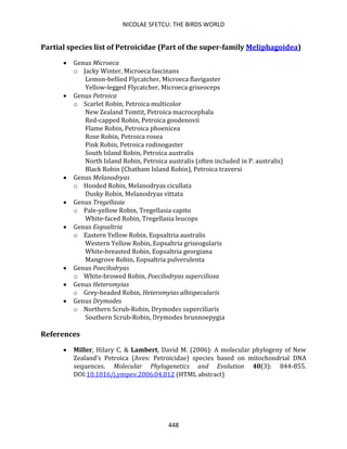 NICOLAE SFETCU: THE BIRDS WORLD
448
Partial species list of Petroicidae (Part of the super-family Meliphagoidea)
• Genus Microeca
o Jacky Winter, Microeca fascinans
Lemon-bellied Flycatcher, Microeca flavigaster
Yellow-legged Flycatcher, Microeca griseoceps
• Genus Petroica
o Scarlet Robin, Petroica multicolor
New Zealand Tomtit, Petroica macrocephala
Red-capped Robin, Petroica goodenovii
Flame Robin, Petroica phoenicea
Rose Robin, Petroica rosea
Pink Robin, Petroica rodinogaster
South Island Robin, Petroica australis
North Island Robin, Petroica australis (often included in P. australis)
Black Robin (Chatham Island Robin), Petroica traversi
• Genus Melanodryas
o Hooded Robin, Melanodryas cicullata
Dusky Robin, Melanodryas vittata
• Genus Tregellasia
o Pale-yellow Robin, Tregellasia capito
White-faced Robin, Tregellasia leucops
• Genus Eopsaltria
o Eastern Yellow Robin, Eopsaltria australis
Western Yellow Robin, Eopsaltria griseogularis
White-breasted Robin, Eopsaltria georgiana
Mangrove Robin, Eopsaltria pulverulenta
• Genus Poecilodryas
o White-browed Robin, Poecilodryas superciliosa
• Genus Heteromyias
o Grey-headed Robin, Heteromyias albispecularis
• Genus Drymodes
o Northern Scrub-Robin, Drymodes superciliaris
Southern Scrub-Robin, Drymodes brunnoepygia
References
• Miller, Hilary C. & Lambert, David M. (2006): A molecular phylogeny of New
Zealand’s Petroica (Aves: Petroicidae) species based on mitochondrial DNA
sequences. Molecular Phylogenetics and Evolution 40(3): 844-855.
DOI:10.1016/j.ympev.2006.04.012 (HTML abstract)
 