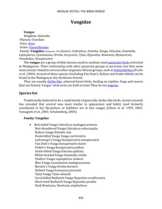 NICOLAE SFETCU: THE BIRDS WORLD
455
Vangidae
Vangas
Kingdom: Animalia
Phylum: Chordata
Class: Aves
Order: Passeriformes
Family: Vangidae Swainson, 1831Genera: Calicalicus, Schetba, Vanga, Falculea, Artamella,
Leptopterus, Cyanolanius, Oriolia, Euryceros, Tylas, Hypositta, Newtonia, Mystacornis,
Pseudobias, Xenopirostris
The vangas are a group of little-known small to medium sized passerine birds restricted
to Madagascar. Their relationship with other passerine groups is uncertain, but they seem
most closely related to several other enigmatic African groups, such as helmetshrikes (Fuchs
et al., 2004). Several of these species (including Van Dam's, Rufous and Sickle-billed) can be
found in the Madagascar dry deciduous forests.
They are usually shrike-like, arboreal forest birds, feeding on reptiles, frogs and insects
(but see below). Vangas' stick nests are built in trees They do not migrate.
Species list
Traditionally believed to be a small family of generally shrike-like birds, recent research
has revealed that several taxa most similar in appearance and habits (and formerly
considered to be) flycatchers or babblers are in fact vangas (Cibois et al. 1999, 2001;
Yamagishi et al., 2001; Schulenberg, 2003).
Family: Vangidae
• Red-tailed Vanga Calicalicus madagascariensis
Red-shouldered Vanga Calicalicus rufocarpalis
Rufous Vanga Schetba rufa
Hook-billed Vanga Vanga curvirostris
Lafresnaye's Vanga Xenopirostris xenopirostris
Van Dam's Vanga Xenopirostris damii
Pollen's Vanga Xenopirostris polleni
Sickle-billed Vanga Falculea palliata
White-headed Vanga Artamella viridis
Chabert Vanga Leptopterus chabert
Blue Vanga Cyanolanius madagascarinus
Bernier's Vanga Oriolia bernieri
Helmet Vanga Euryceros prevostii
Tylas Vanga Tylas eduardi
Coral-billed Nuthatch Vanga Hypositta corallirostris
Short-toed Nuthatch Vanga Hypositta perdita
Dark Newtonia, Newtonia amphichroa
 