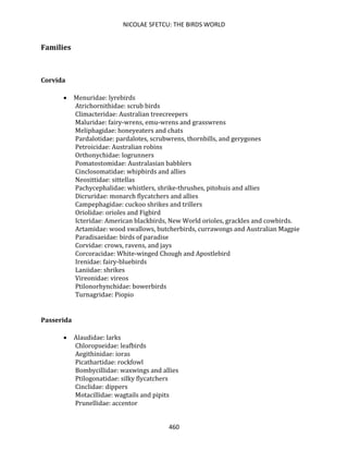 NICOLAE SFETCU: THE BIRDS WORLD
460
Families
Corvida
• Menuridae: lyrebirds
Atrichornithidae: scrub birds
Climacteridae: Australian treecreepers
Maluridae: fairy-wrens, emu-wrens and grasswrens
Meliphagidae: honeyeaters and chats
Pardalotidae: pardalotes, scrubwrens, thornbills, and gerygones
Petroicidae: Australian robins
Orthonychidae: logrunners
Pomatostomidae: Australasian babblers
Cinclosomatidae: whipbirds and allies
Neosittidae: sittellas
Pachycephalidae: whistlers, shrike-thrushes, pitohuis and allies
Dicruridae: monarch flycatchers and allies
Campephagidae: cuckoo shrikes and trillers
Oriolidae: orioles and Figbird
Icteridae: American blackbirds, New World orioles, grackles and cowbirds.
Artamidae: wood swallows, butcherbirds, currawongs and Australian Magpie
Paradisaeidae: birds of paradise
Corvidae: crows, ravens, and jays
Corcoracidae: White-winged Chough and Apostlebird
Irenidae: fairy-bluebirds
Laniidae: shrikes
Vireonidae: vireos
Ptilonorhynchidae: bowerbirds
Turnagridae: Piopio
Passerida
• Alaudidae: larks
Chloropseidae: leafbirds
Aegithinidae: ioras
Picathartidae: rockfowl
Bombycillidae: waxwings and allies
Ptilogonatidae: silky flycatchers
Cinclidae: dippers
Motacillidae: wagtails and pipits
Prunellidae: accentor
 