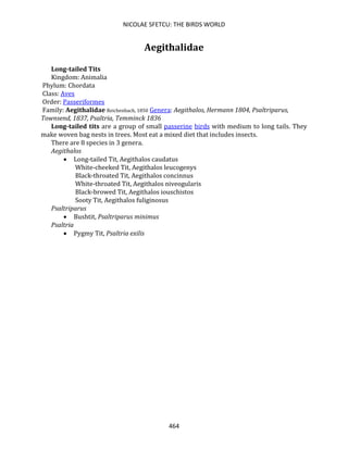 NICOLAE SFETCU: THE BIRDS WORLD
464
Aegithalidae
Long-tailed Tits
Kingdom: Animalia
Phylum: Chordata
Class: Aves
Order: Passeriformes
Family: Aegithalidae Reichenbach, 1850 Genera: Aegithalos, Hermann 1804, Psaltriparus,
Townsend, 1837, Psaltria, Temminck 1836
Long-tailed tits are a group of small passerine birds with medium to long tails. They
make woven bag nests in trees. Most eat a mixed diet that includes insects.
There are 8 species in 3 genera.
Aegithalos
• Long-tailed Tit, Aegithalos caudatus
White-cheeked Tit, Aegithalos leucogenys
Black-throated Tit, Aegithalos concinnus
White-throated Tit, Aegithalos niveogularis
Black-browed Tit, Aegithalos iouschistos
Sooty Tit, Aegithalos fuliginosus
Psaltriparus
• Bushtit, Psaltriparus minimus
Psaltria
• Pygmy Tit, Psaltria exilis
 