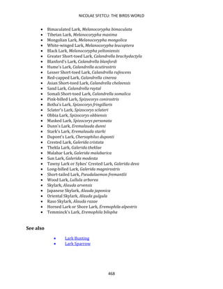 NICOLAE SFETCU: THE BIRDS WORLD
468
• Bimaculated Lark, Melanocorypha bimaculata
• Tibetan Lark, Melanocorypha maxima
• Mongolian Lark, Melanocorypha mongolica
• White-winged Lark, Melanocorypha leucoptera
• Black Lark, Melanocorypha yeltoniensis
• Greater Short-toed Lark, Calandrella brachydactyla
• Blanford's Lark, Calandrella blanfordi
• Hume's Lark, Calandrella acutirostris
• Lesser Short-toed Lark, Calandrella rufescens
• Red-capped Lark, Calandrella cinerea
• Asian Short-toed Lark, Calandrella cheleensis
• Sand Lark, Calandrella raytal
• Somali Short-toed Lark, Calandrella somalica
• Pink-billed Lark, Spizocorys conirostris
• Botha's Lark, Spizocorys fringillaris
• Sclater's Lark, Spizocorys sclateri
• Obbia Lark, Spizocorys obbiensis
• Masked Lark, Spizocorys personata
• Dunn's Lark, Eremalauda dunni
• Stark's Lark, Eremalauda starki
• Dupont's Lark, Chersophilus duponti
• Crested Lark, Galerida cristata
• Thekla Lark, Galerida theklae
• Malabar Lark, Galerida malabarica
• Sun Lark, Galerida modesta
• Tawny Lark or Sykes' Crested Lark, Galerida deva
• Long-billed Lark, Galerida magnirostris
• Short-tailed Lark, Pseudalaemon fremantlii
• Wood Lark, Lullula arborea
• Skylark, Alauda arvensis
• Japanese Skylark, Alauda japonica
• Oriental Skylark, Alauda gulgula
• Raso Skylark, Alauda razae
• Horned Lark or Shore Lark, Eremophila alpestris
• Temminck's Lark, Eremophila bilopha
See also
• Lark Bunting
• Lark Sparrow
 