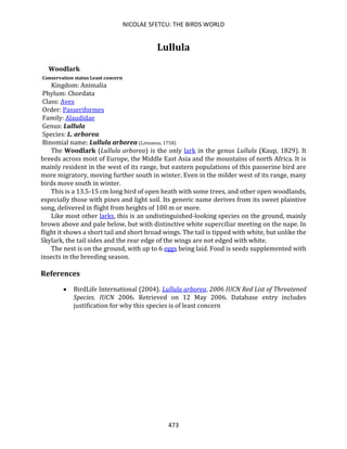 NICOLAE SFETCU: THE BIRDS WORLD
473
Lullula
Woodlark
Conservation status Least concern
Kingdom: Animalia
Phylum: Chordata
Class: Aves
Order: Passeriformes
Family: Alaudidae
Genus: Lullula
Species: L. arborea
Binomial name: Lullula arborea (Linnaeus, 1758)
The Woodlark (Lullula arborea) is the only lark in the genus Lullula (Kaup, 1829). It
breeds across most of Europe, the Middle East Asia and the mountains of north Africa. It is
mainly resident in the west of its range, but eastern populations of this passerine bird are
more migratory, moving further south in winter. Even in the milder west of its range, many
birds move south in winter.
This is a 13.5-15 cm long bird of open heath with some trees, and other open woodlands,
especially those with pines and light soil. Its generic name derives from its sweet plaintive
song, delivered in flight from heights of 100 m or more.
Like most other larks, this is an undistinguished-looking species on the ground, mainly
brown above and pale below, but with distinctive white superciliar meeting on the nape. In
flight it shows a short tail and short broad wings. The tail is tipped with white, but unlike the
Skylark, the tail sides and the rear edge of the wings are not edged with white.
The nest is on the ground, with up to 6 eggs being laid. Food is seeds supplemented with
insects in the breeding season.
References
• BirdLife International (2004). Lullula arborea. 2006 IUCN Red List of Threatened
Species. IUCN 2006. Retrieved on 12 May 2006. Database entry includes
justification for why this species is of least concern
 