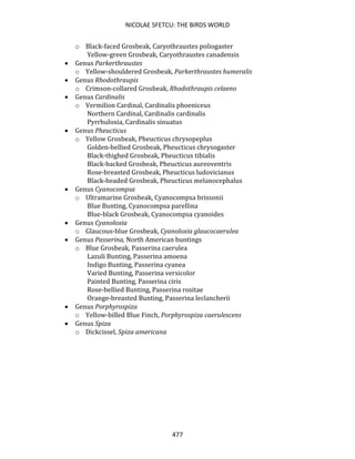 NICOLAE SFETCU: THE BIRDS WORLD
477
o Black-faced Grosbeak, Caryothraustes poliogaster
Yellow-green Grosbeak, Caryothraustes canadensis
• Genus Parkerthraustes
o Yellow-shouldered Grosbeak, Parkerthraustes humeralis
• Genus Rhodothraupis
o Crimson-collared Grosbeak, Rhodothraupis celaeno
• Genus Cardinalis
o Vermilion Cardinal, Cardinalis phoeniceus
Northern Cardinal, Cardinalis cardinalis
Pyrrhuloxia, Cardinalis sinuatus
• Genus Pheucticus
o Yellow Grosbeak, Pheucticus chrysopeplus
Golden-bellied Grosbeak, Pheucticus chrysogaster
Black-thighed Grosbeak, Pheucticus tibialis
Black-backed Grosbeak, Pheucticus aureoventris
Rose-breasted Grosbeak, Pheucticus ludovicianus
Black-headed Grosbeak, Pheucticus melanocephalus
• Genus Cyanocompsa
o Ultramarine Grosbeak, Cyanocompsa brissonii
Blue Bunting, Cyanocompsa parellina
Blue-black Grosbeak, Cyanocompsa cyanoides
• Genus Cyanoloxia
o Glaucous-blue Grosbeak, Cyanoloxia glaucocaerulea
• Genus Passerina, North American buntings
o Blue Grosbeak, Passerina caerulea
Lazuli Bunting, Passerina amoena
Indigo Bunting, Passerina cyanea
Varied Bunting, Passerina versicolor
Painted Bunting, Passerina ciris
Rose-bellied Bunting, Passerina rositae
Orange-breasted Bunting, Passerina leclancherii
• Genus Porphyrospiza
o Yellow-billed Blue Finch, Porphyrospiza caerulescens
• Genus Spiza
o Dickcissel, Spiza americana
 