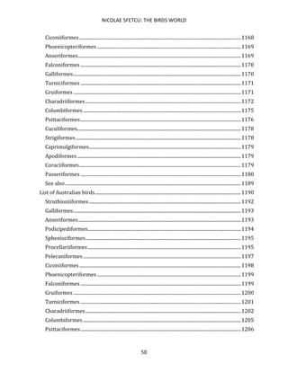 NICOLAE SFETCU: THE BIRDS WORLD
50
Ciconiiformes ........................................................................................................................................1168
Phoenicopteriformes .........................................................................................................................1169
Anseriformes.........................................................................................................................................1169
Falconiformes .......................................................................................................................................1170
Galliformes.............................................................................................................................................1170
Turniciformes .......................................................................................................................................1171
Gruiformes .............................................................................................................................................1171
Charadriiformes...................................................................................................................................1172
Columbiformes.....................................................................................................................................1175
Psittaciformes.......................................................................................................................................1176
Cuculiformes..........................................................................................................................................1178
Strigiformes ...........................................................................................................................................1178
Caprimulgiformes................................................................................................................................1179
Apodiformes..........................................................................................................................................1179
Coraciiformes........................................................................................................................................1179
Passeriformes .......................................................................................................................................1180
See also....................................................................................................................................................1189
List of Australian birds...........................................................................................................................1190
Struthioniiformes................................................................................................................................1192
Galliformes.............................................................................................................................................1193
Anseriformes.........................................................................................................................................1193
Podicipediformes.................................................................................................................................1194
Sphenisciformes...................................................................................................................................1195
Procellariiformes.................................................................................................................................1195
Pelecaniformes.....................................................................................................................................1197
Ciconiiformes ........................................................................................................................................1198
Phoenicopteriformes .........................................................................................................................1199
Falconiformes .......................................................................................................................................1199
Gruiformes .............................................................................................................................................1200
Turniciformes .......................................................................................................................................1201
Charadriiformes...................................................................................................................................1202
Columbiformes.....................................................................................................................................1205
Psittaciformes.......................................................................................................................................1206
 