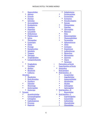 NICOLAE SFETCU: THE BIRDS WORLD
6
▪ Hypocoliidae
▪ Aplonis
▪ Gracula
▪ Sturnus
▪ Sylviidae
▪ Acrocephalus
▪ Bradypterus
▪ Chamaea
▪ Hippolais
▪ Locustella
▪ Orthotomus
▪ Phylloscopus
▪ Sylvia
▪ Thraupidae
▪ Cyanerpes
▪ Habia
▪ Piranga
▪ Ramphocelus
▪ Spindalis
▪ Tangara
▪ Thraupis
▪ Troglodytidae
▪ Campylorhynchu
s
▪ Troglodytes
▪ Turdidae
▪ Alethes
▪ Bluebirds
▪ Catharus
thrushes
▪ Myadestes
▪ Rock thrushes
▪ Zoothera
▪ Viduidae
▪ Waxwings
▪ Zosteropidae
▪ Zosterops
▪ Tyranni
▪ Acanthisittidae
▪ Conopophagidae
▪ Cotingidae
▪ Cephalopterus
▪ Procnias
▪ Rupicola
▪ Calyptomena
▪ Formicariidae
▪ Furnariidae
▪ Furnarius
▪ Pseudocolaptes
▪ Xenops
▪ Philepittidae
▪ Pipridae
▪ Chiroxiphia
▪ Manacus
▪ Pitta
▪ Rhinocryptidae
▪ Thamnophilidae
▪ Tyrannidae
▪ Aphanotriccus
▪ Attila
▪ Contopus
▪ Empidonax
▪ Lathrotriccus
▪ Myiarchus
▪ Myiozetetes
▪ Sayornis
▪ Tityra
▪ Tyrannus
o Parvorders of birds
o Superfamilies of birds
▪ Anatoidea
o Bird families
▪ Bird families - A
▪ Accipitridae
▪ Aegothelidae
▪ Aepyornithidae
▪ Alcedinidae
▪ Alcidae
▪ Anhingidae
▪ Apterygidae
▪ Bird families - B
▪ Bucerotidae
▪ Bird families - C
▪ Caprimulgidae
▪ Casuariidae
▪ Cathartidae
▪ Charadriidae
▪ Chionididae
 