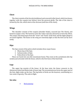 NICOLAE SFETCU: THE BIRDS WORLD
78
Chest
The chest consists of the furcula (wishbone) and coracoid (collar bone), which two bones,
together with the scapula (see below), form the pectoral girdle. The side of the chest is
formed by the ribs, which meet at the sternum (mid-line of the chest).
Wings
The shoulder consists of the scapula (shoulder blade), coracoid (see The Chest), and
humerus (upper arm). The humerus joins the radius and ulna (forearm) to form the elbow.
The carpus and metacarpus form the "wrist" and "hand" of the bird, and the digits (fingers)
are fused together. The bones in the wing are extremely light so that the bird can fly more
easily.
Hips
The hips consist of the pelvis which includes three major bones:
• Illium (top of the hip).
• Ischium (sides of hip).
• Pubis (front of the hip).
These are fused into one (the innominate bone). They meet at the acetabulum (the hip
socket) and articulate with the femur, which is the first bone of the hind limb.
Legs
The upper leg consists of the femur. At the knee joint, the femur connects to the
tibiotarsus (shin) and fibula (side of lower leg). The tarsometatarsus forms the upper part of
the foot, digits make up the toes. The leg bones of birds are the heaviest, contributing to a
low center of gravity. This aids in flight.
See also
• Bird anatomy
 