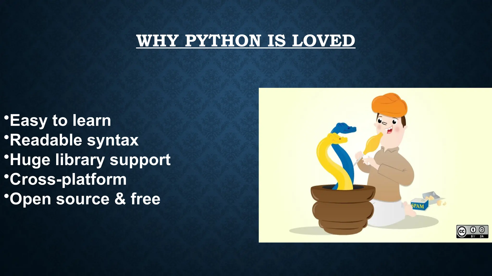 WHY PYTHON IS LOVED
•Easy to learn
•Readable syntax
•Huge library support
•Cross-platform
•Open source & free
 