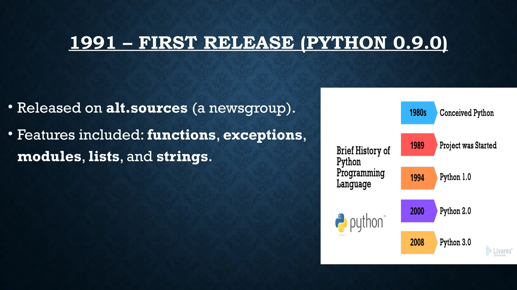 1991 – FIRST RELEASE (PYTHON 0.9.0)
• Released on alt.sources (a newsgroup).
• Features included: functions, exceptions,
modules, lists, and strings.
 