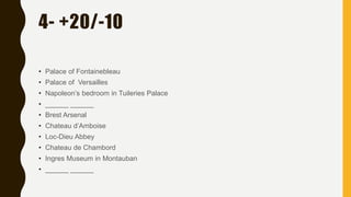 4- +20/-10
• Palace of Fontainebleau
• Palace of Versailles
• Napoleon’s bedroom in Tuileries Palace
• ______ ______
• Brest Arsenal
• Chateau d’Amboise
• Loc-Dieu Abbey
• Chateau de Chambord
• Ingres Museum in Montauban
• ______ ______
 