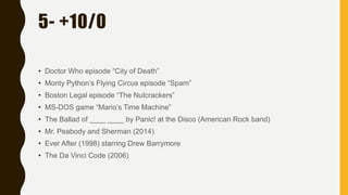 5- +10/0
• Doctor Who episode “City of Death”
• Monty Python’s Flying Circus episode “Spam”
• Boston Legal episode “The Nutcrackers”
• MS-DOS game “Mario’s Time Machine”
• The Ballad of ____ ____ by Panic! at the Disco (American Rock band)
• Mr. Peabody and Sherman (2014)
• Ever After (1998) starring Drew Barrymore
• The Da Vinci Code (2006)
 