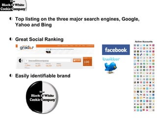 Top listing on the three major search engines, Google,
Yahoo and Bing


Great Social Ranking                                Active Accounts




Easily identifiable brand
 