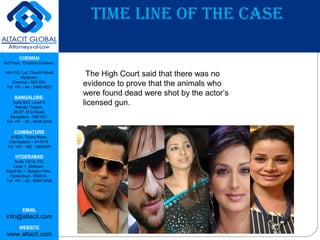 CHENNAI
3rd Floor, ‘Creative Enclave’,
148-150, Luz Church Road,
Mylapore,
Chennai - 600 004.
Tel: +91 - 44 - 2498 4821
BANGALORE
Suite 920, Level 9,
Raheja Towers,
26-27, M G Road,
Bangalore - 560 001.
Tel: +91 - 80 - 6546 2400
COIMBATORE
#1533, Trichy Road,
Coimbatore – 641018.
Tel: +91 - 422 - 6552921
HYDERABAD
Suite 132 & 133,
Level 1, Midtown,
Road No 1, Banjara Hills,
Hyderabad - 500034.
Tel: +91 - 40 - 6050 6009
EMAIL
info@altacit.com
WEBSITE
www.altacit.com
TimE linE OF THE CASE
The High Court said that there was no
evidence to prove that the animals who
were found dead were shot by the actor’s
licensed gun.
 