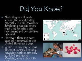 Did You Know? 
 Black Plague still exists 
around the world today, 
especially in Third World or 
developing nations where 
trash and pollution are 
prominent and vermin like 
rats exist. 
 However, there are even 
cases of it reported in the 
United States each year. 
 While this is a very serious 
illness, it is easily treatable 
nowadays with commonly 
available antibiotics. 
Mortality rate is about 8- 
10%. 
 