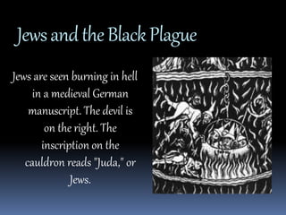 Jews and the Black Plague 
Jews are seen burning in hell 
in a medieval German 
manuscript. The devil is 
on the right. The 
inscription on the 
cauldron reads "Juda," or 
Jews. 
 