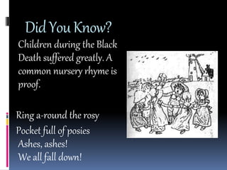 Did You Know? 
Children during the Black 
Death suffered greatly. A 
common nursery rhyme is 
proof. 
Ring a-round the rosy 
Pocket full of posies 
Ashes, ashes! 
We all fall down! 
 