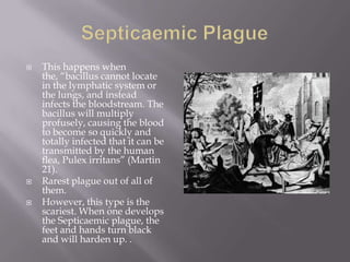 SepticaemicPlagueThis happens when the, “bacillus cannot locate in the lymphatic system or the lungs, and instead infects the bloodstream. The bacillus will multiply profusely, causing the blood to become so quickly and totally infected that it can be transmitted by the human ﬂea, Pulexirritans” (Martin 21). Rarest plague out of all of them. However, this type is the scariest. When one develops the Septicaemic plague, the feet and hands turn black and will harden up. . 