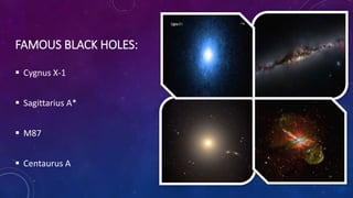 FAMOUS BLACK HOLES:
 Cygnus X-1
 Sagittarius A*
 M87
 Centaurus A
 