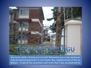 My home while I during my 6 month fellowship was a two-bedroom 
fully furnished apartment in the Oyster Bay neighborhood of Dar es 
Salaam. It had all the amenities and more that I was accustomed to. 
 