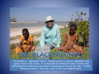 Translated as “vegetable beach”, mboga pwani is a green vegetable that 
grows next to the ocean. It is prepared by boiling in water 3 times and 
dumping then refreshing the water in between to extract the salt. It tasks 
like green beans. Pictured, I pick it with my neighbor girls. 
 