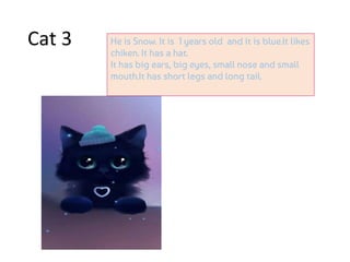 Cat 3 He is Snow. It is 1 years old and it is blue.It likes
chiken. It has a hat.
It has big ears, big eyes, small nose and small
mouth.It has short legs and long tail.
 
