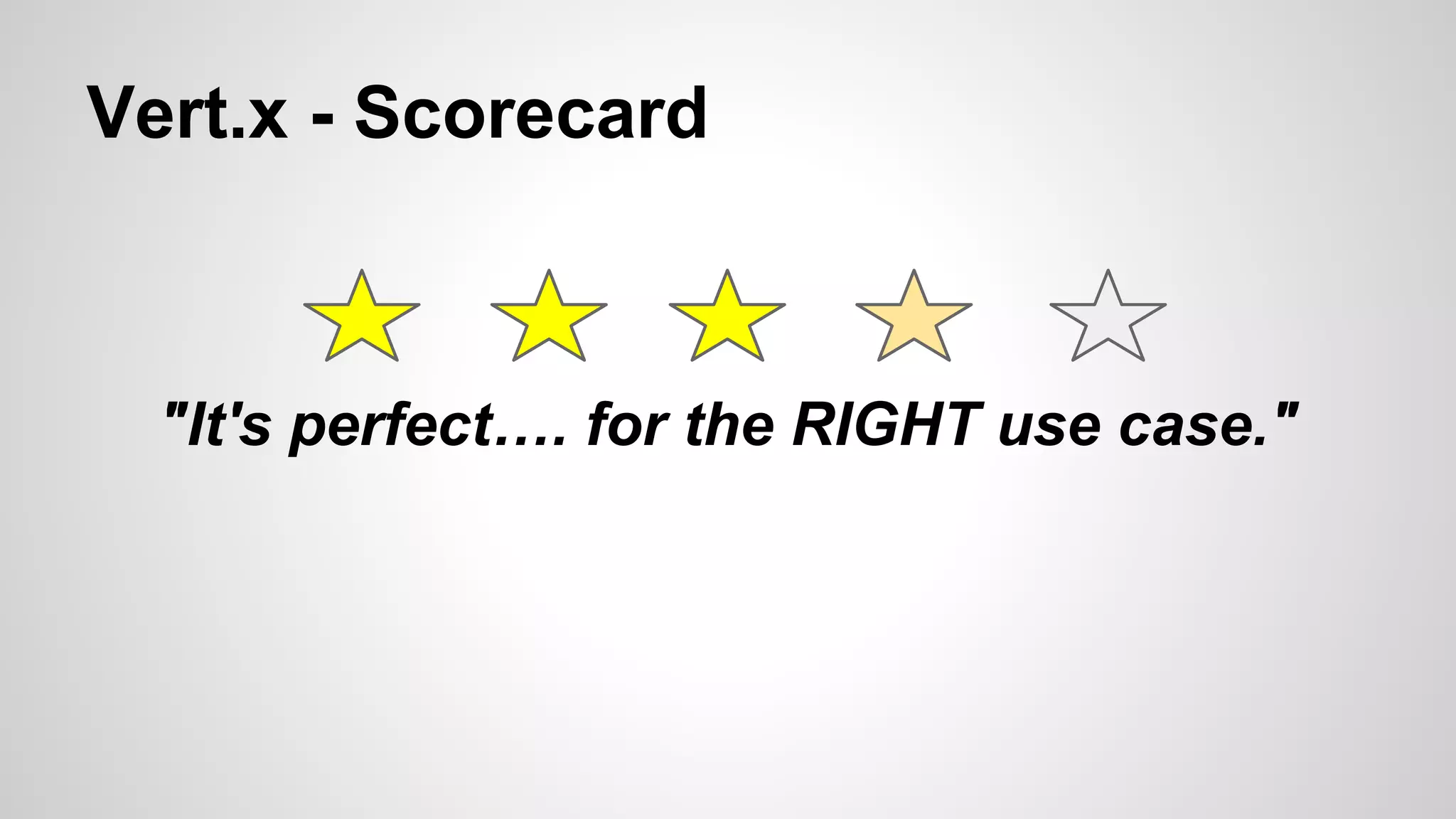 Vert.x - Scorecard

"It's perfect…. for the RIGHT use case."

 