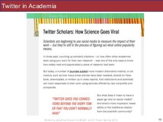 Slides by Jonathan Eisen for BIS2C at UC Davis Spring 2014
Twitter in Academia
10
 