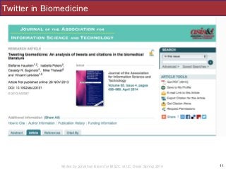 Slides by Jonathan Eisen for BIS2C at UC Davis Spring 2014
Twitter in Biomedicine
11
 